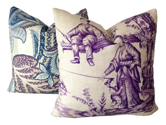 Shengyou Toile Iris Pillow Cover W Linen On Reverse Purple Etsy