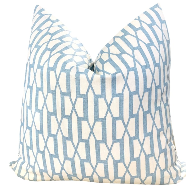 Belvedere Sky Blue Pillow Cover w/linen solid reverse - Blue Geometric Pillow - Schumacher Pillow - Blue Trellis Pillow COVER ONLY