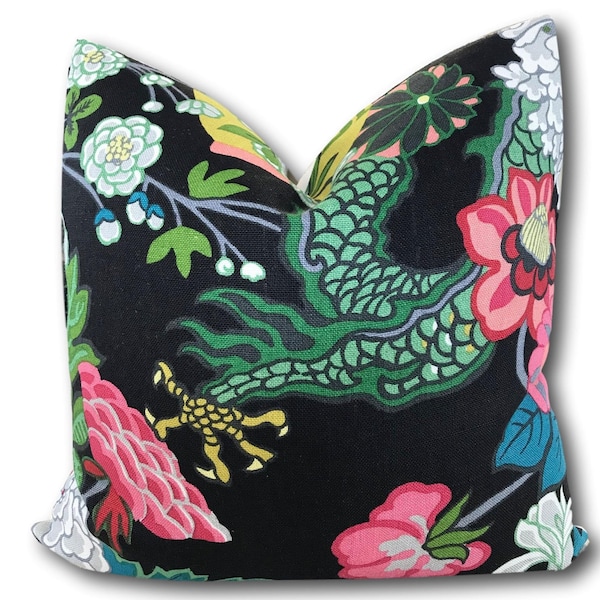 Chiang Mai Ebony Pillow Cover w/ linen reverse - Black Floral Pillow - Schumacher Pillow Cover - Decorative Pillow COVER ONLY