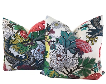 Chiang Mai Pillow Covers - Chinoiserie Pillow -  Schumacher Pillow -  One Pair w/Linen Reverse - Dragon Pillow - COVERS ONLY