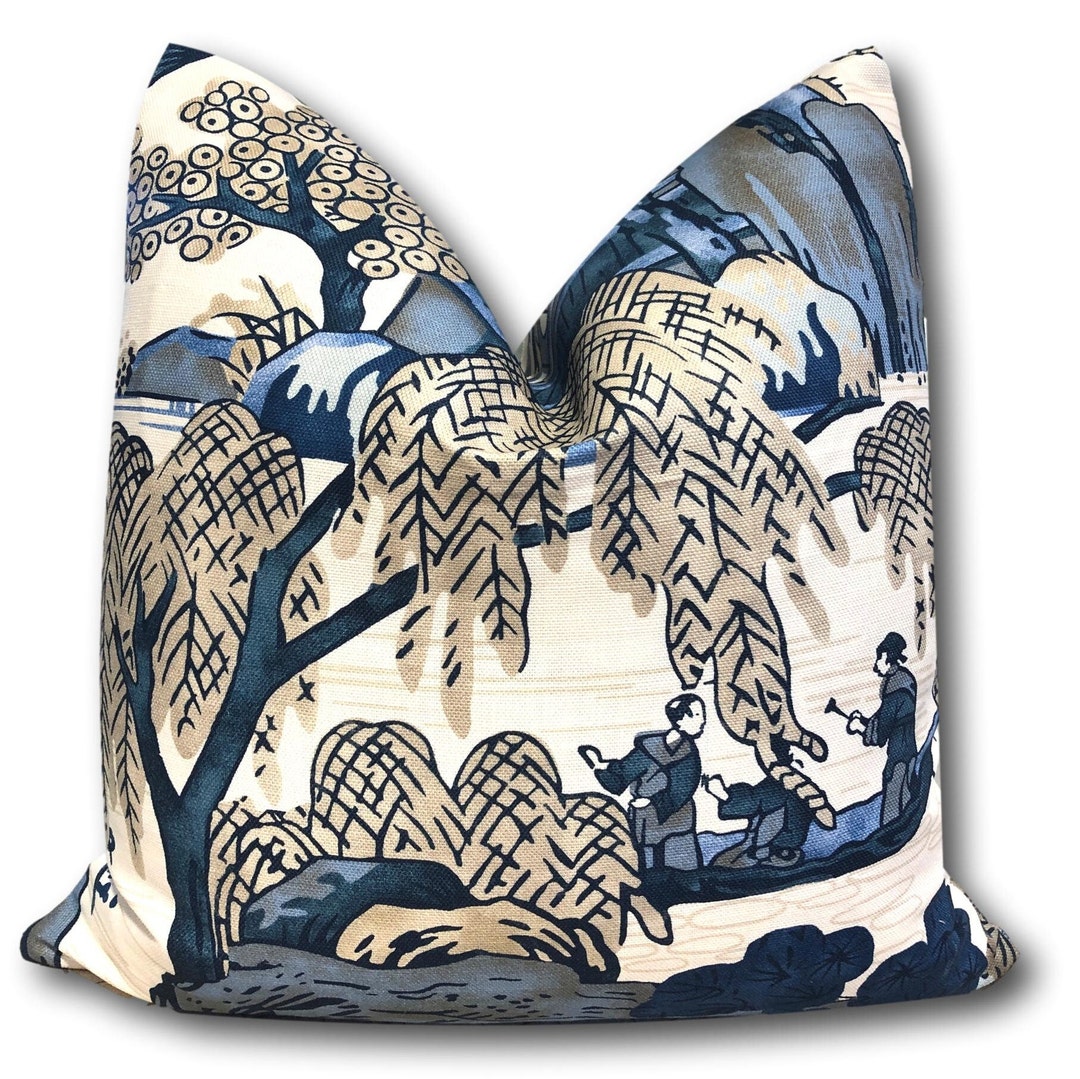 Thibaut Asian Scenic Pillow Cover blue Beige Floral Chinoiserie