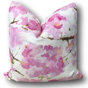 Pink Floral Pillow Cover w/solid off white reverse- Bluebellegray Fumiko Pink Floral - Cherry Blossom Pillow - COVER ONLY