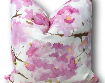 Pink Floral Pillow Cover w/solid off white reverse- Bluebellegray Fumiko Pink Floral - Cherry Blossom Pillow - COVER ONLY