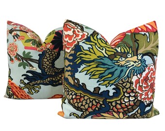 Schumacher Chiang Mai Aquamarine Pillow Aqua Blue Floral Pillow Designer Chinoiserie Dragon Pillow - TWO COVERS ONLY