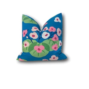 Schumacher Saku Peacock Pillow Cover - Floral Pillow  w/Ivory Linen Reverse - Blue Pillow - 18 X 18 - 20 X 20 - 22 X 22 -  COVER ONLY