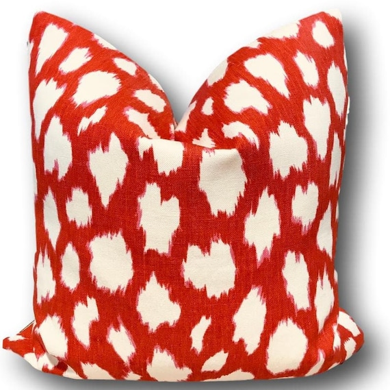 Kate Spade Red Animal Pillow Leokat Maraschino Pillow Cover w Ivory Linen Reverse Schumacher Pillow Red Leopard Pillow COVER ONLY