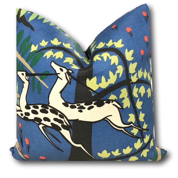 Schumacher Antelopes Cobalt Pillow Cover w/linen reverse - Paul Poiret Pillow Cover 18x18, 20x20 or 22x22, 24x24  - COVER ONLY