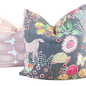 Waverly Safari Charcoal Duck Pillow Cover - Animal Pillow Cover - Grey Animal Pillow Cover -  Grey Pink Floral Throw Pillow COVER ONLY