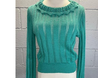 Vintage 1980s Teal Knit Cropped Sweater Lace Collar Cuffs Med Cottage Preppy