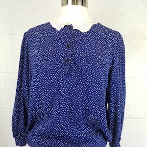 Vintage 70s Polka Dot Blouse: Navy Blue Pullover with Lace Collar