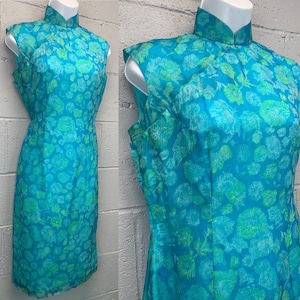 Vintage 1950s Silk Chiffon Cheongsam Dress: Blue Teal Floral, Mandarin Collar