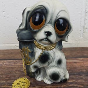 Vintage 1960s Enesco Sad Eyes Dog Ceramic Savings Bank  &#39;My Money And I Are All Tied Up&#39; Big Eyes Dog Kitsch Puppy Trash Can