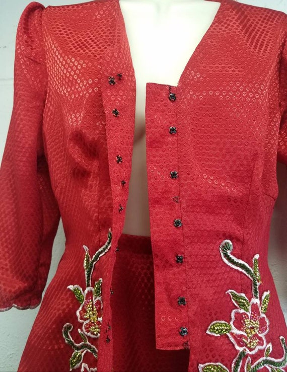Vintage Red Two Piece Hand Beaded Peplum Jacket S… - image 9