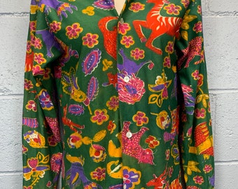 Vintage 70s Psychedelic Animal Print Disco Shirt: Handmade Novelty Top, Size Small