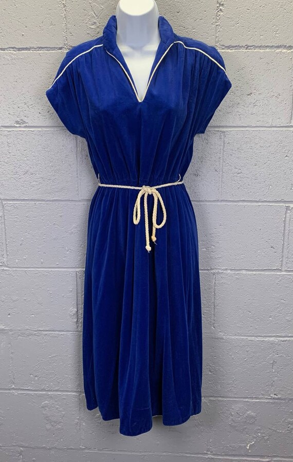 Vintage 1970s Blue Velour Shirtwaist Disco Dress … - image 4