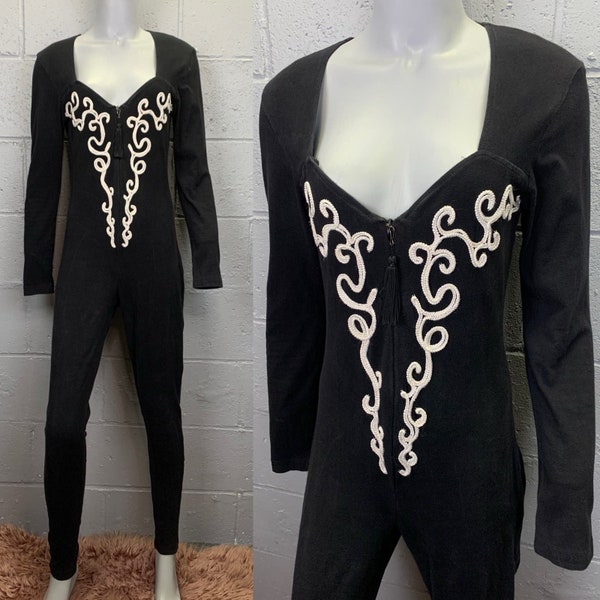 Vintage 1980s Black Spandex Catsuit Zip Front Western Soutache Portrait Necline Large Peep Label