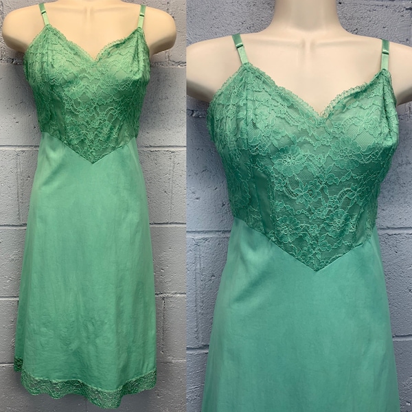 Vintage Hand Dyed Moss Green Vanity Fair Nylon Slip Dress Lace Bust Lace Trim Size 34 Small Medium Upcycle