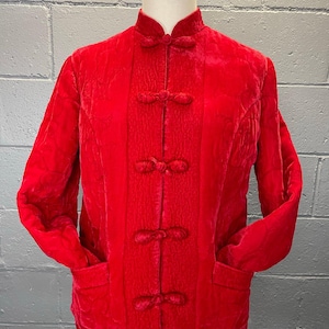 Vintage Red Velvet Quilted Embroidered Shirt Jacket Mandarin Collar Frog Closure LG