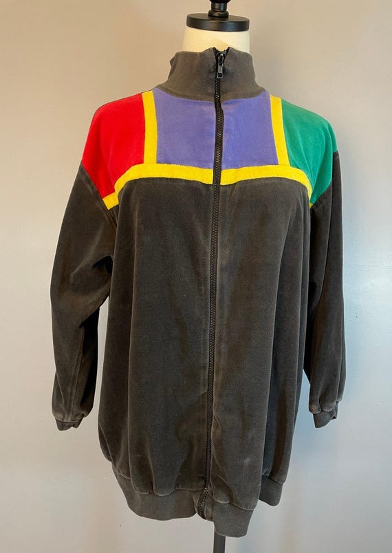 Vintage 1980s Color Block Velour Zip up Jacket Med Primary Colors 