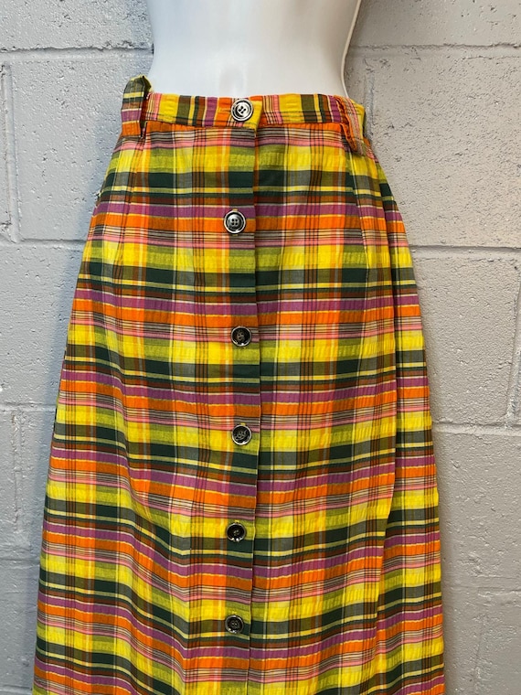 Vintage 1960s Pastel Plaid Seersucker Maxi Skirt Size Xs/small - Main Image