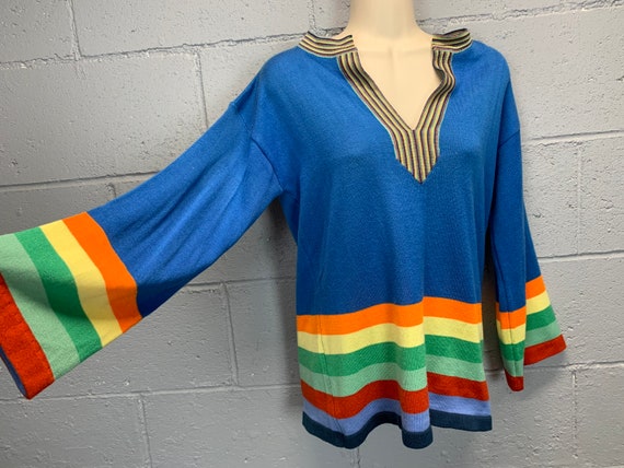 Vintage 70s Electric Blue Rainbow Colorblock Swea… - image 6