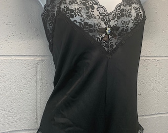 Vintage 70s Black Nylon Teddy: Lace Trim Romper, Size Small