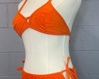 Vintage 1970s NWOT Orange Micro Suede String Bikini Mod XS Side Tie Low Rise