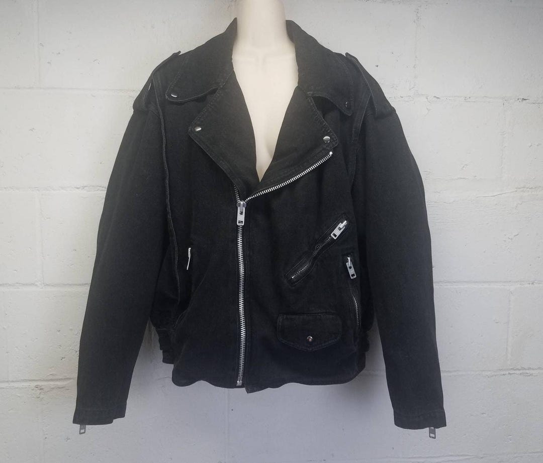 Vtg 80s Yves Saint Laurent Biker Jacket Denim Jacket Chunky Zippers Lg ...