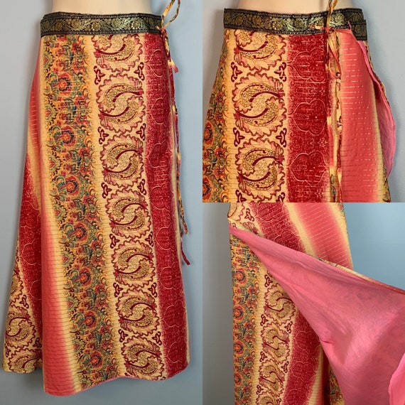 Vintage Pink Paisley Cotton Lurex Wrap Skirt Boho… - image 1