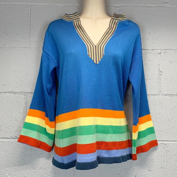 Vintage 70s Electric Blue Rainbow Colorblock Swea… - image 1