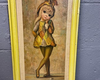 Lithographie « Arlequin Girl » vintage des années 1960, impression encadrée, yeux tristes du milieu du siècle