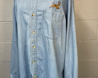 Vintage 90s Embroidered Light Wash Button Up Denim Shirt Embroidered Deer Buck