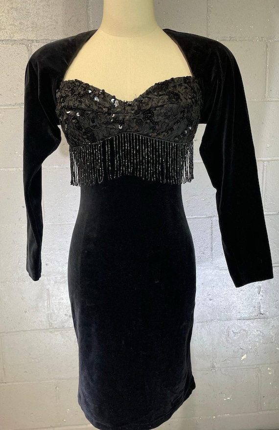 Vtg 80s Zum Zum Bodycon Velvet Little Black Dress Sequined Fringe Bodice Small