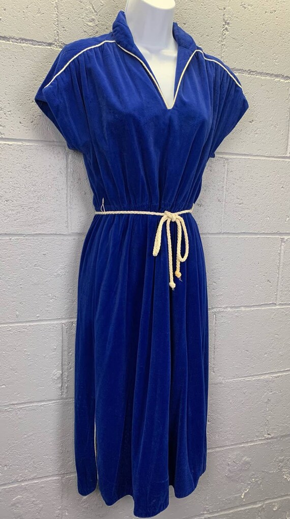 Vintage 1970s Blue Velour Shirtwaist Disco Dress … - image 3