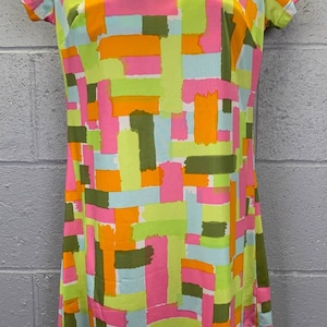 Vintage 90s Pastel Psychedelic Polyester Color Block Mini Dress Paint Splash Mod XS