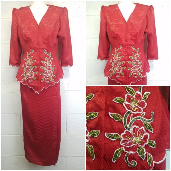 Vintage Red Two Piece Hand Beaded Peplum Jacket S… - image 1