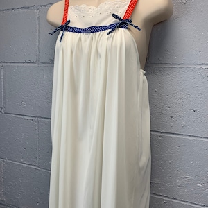 Vintage 70s Nylon Nightgown: Jennifer Dale Swiss Dot Ribbon Straps, Eyelet Lace - Small