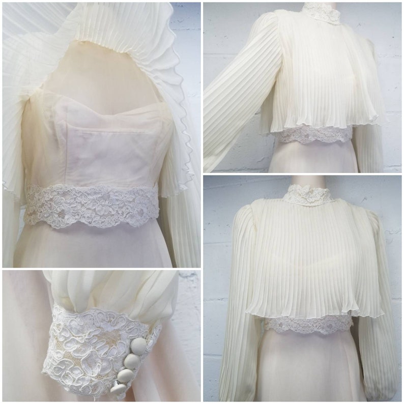 Vintage Bride Illusion Bodice Lace Victorian Collar Boho Hippie Long Train XS Accordion Pleats Vintage 70s Wedding Gown