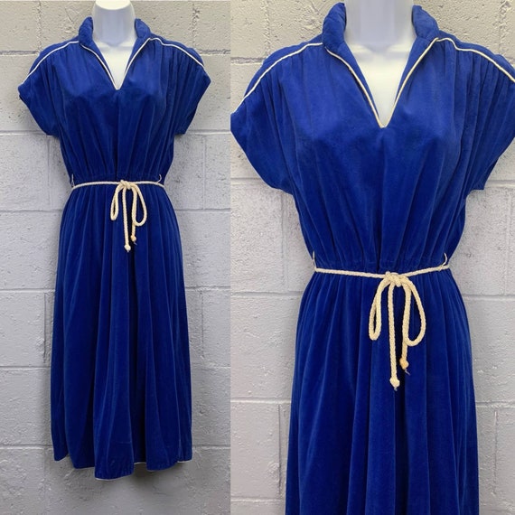 Vintage 1970s Blue Velour Shirtwaist Disco Dress … - image 1