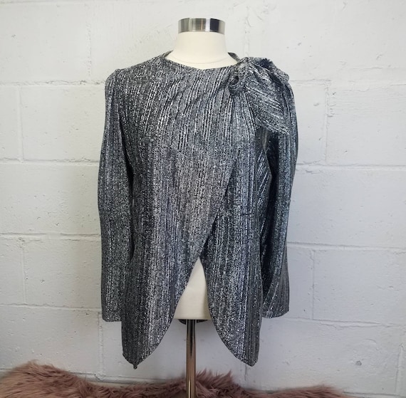 Vintage Lurex Bow Blouse: Silver Metallic Disco Glam, 70s 80s