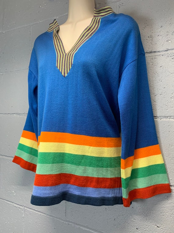Vintage 70s Electric Blue Rainbow Colorblock Swea… - image 3