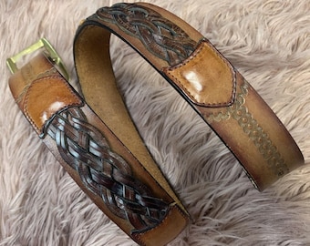 Braided Leather Waist Belt: Vintage Brown Brass Buckle, Made  display picture 1