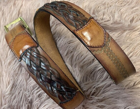 Vintage Stamped Braided Leather Brass Buckle Leegin Belt  display picture 1