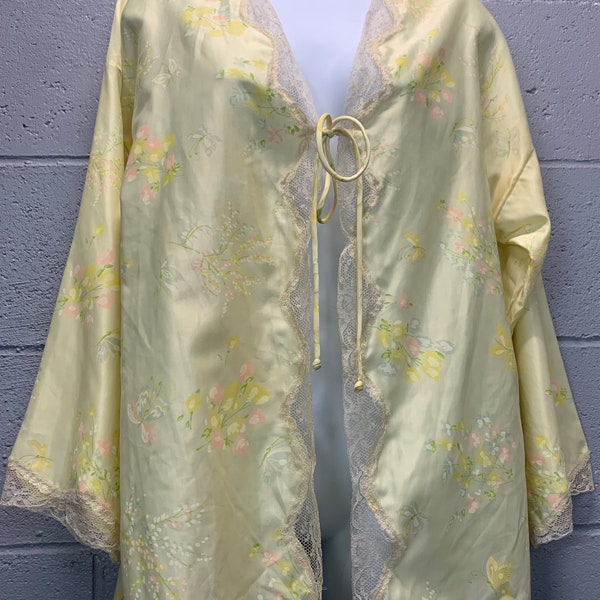 Vintage 1970s Barbizon Yellow Satin Floral Butterfly Bed Jacket with Lace Trim Cuddleskins Size Small