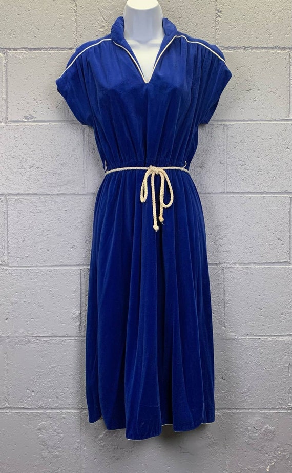 Vintage 1970s Blue Velour Shirtwaist Disco Dress … - image 6