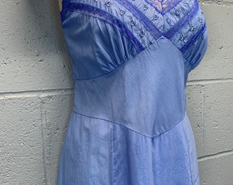 Vintage Hand-Dyed Periwinkle Slip Dress: Embroidered Lace Trim, Size Large