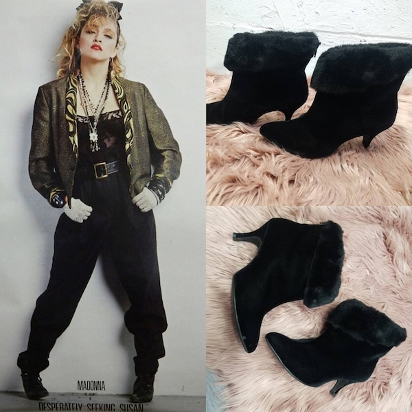 Vintage 60s Black Velvet Ankle Boots with Faux Fur Cuff | Mod Booties | Cobbies Boots | Size 6 1/2 | Kitten Heel