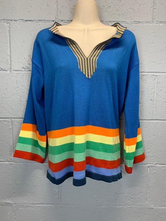 Vintage 70s Electric Blue Rainbow Colorblock Swea… - image 5