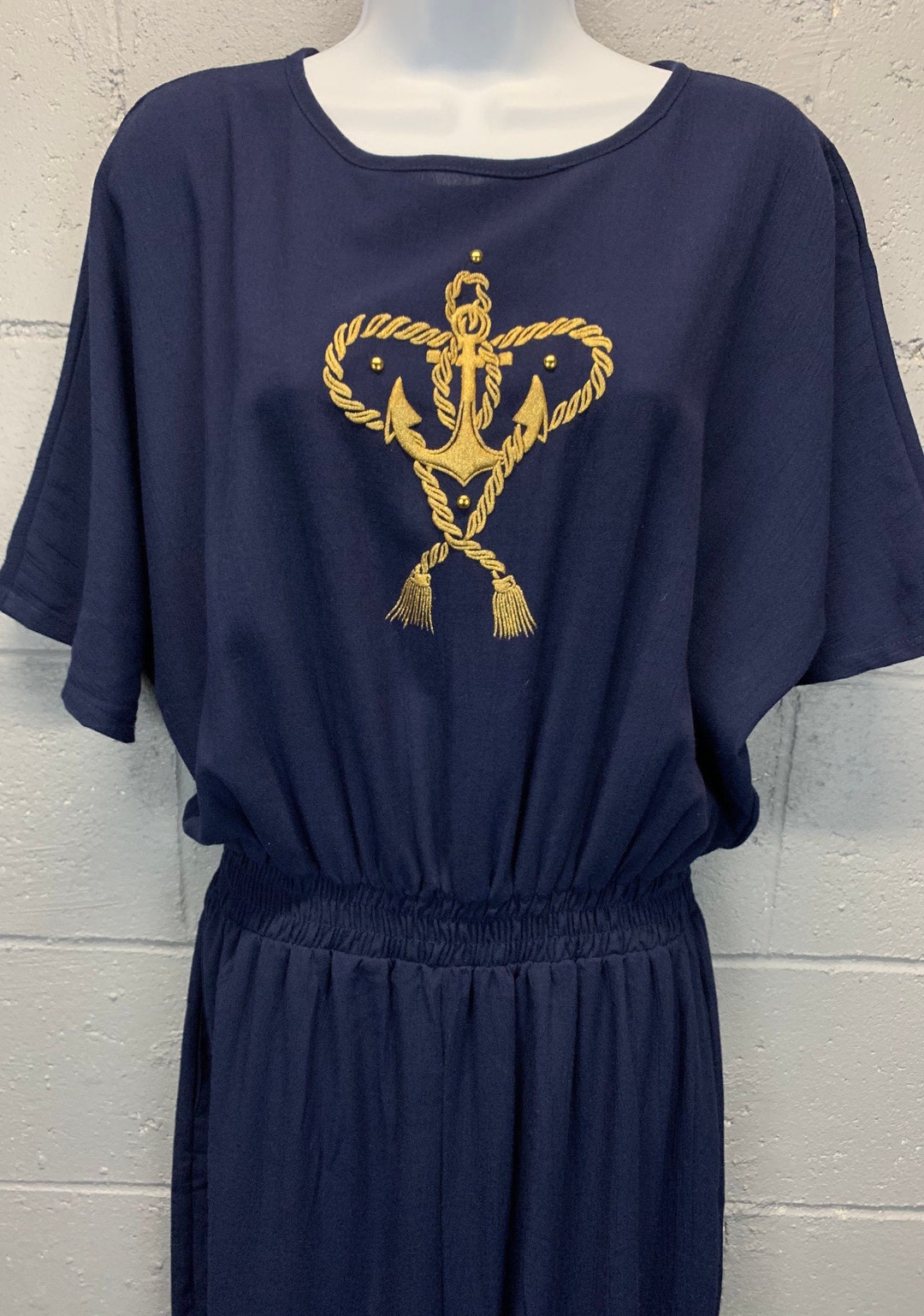 80s DONNAerre MADE IN ITALY VTG オールインワン Vintage 80s Nautical Jumpsuit: Donna Toran Navy Tunic, Gold Anchor