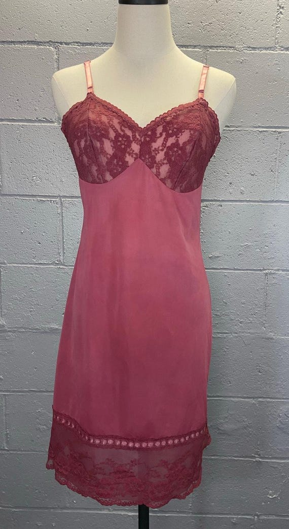Vintage Nylon Slip Dress Lace Cups Mauve Hand Dyed Small